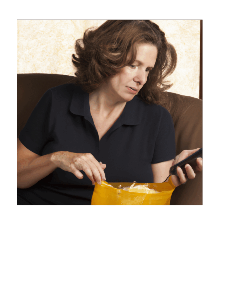 Real-life spiritual practice—woman eating cheese while using her phone, representing mindfulness in everyday chaos.