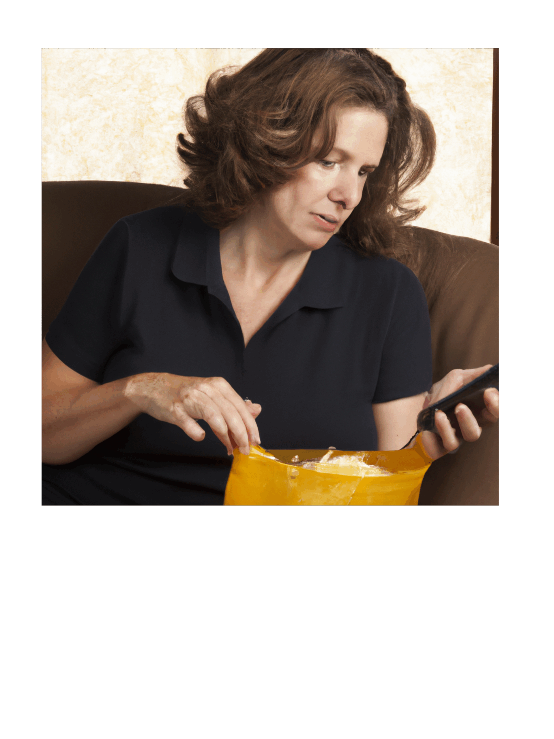 Real-life spiritual practice—woman eating cheese while using her phone, representing mindfulness in everyday chaos.